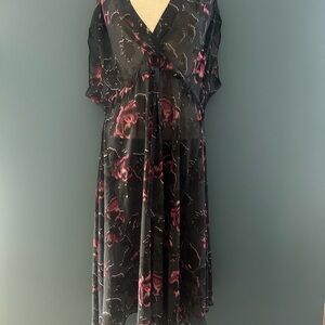 All Saints Black Sheer Floral Midi Dress with Pink Accents